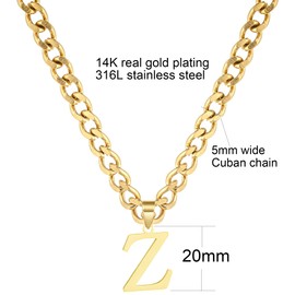 Gold Initial Necklace for Women Men Teens, 14K Gold Plated Stainless Steel Letters with 5mm Wide Cuban Chain Necklace, Capital Monogram Necklace Alphabets from A-Z, chain length: 18", Stainless Steel,