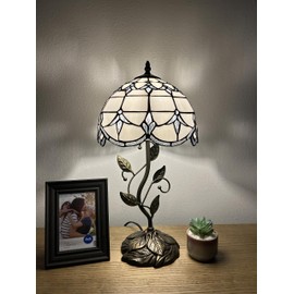 enjoy decor lamps Tiffany Table Lamp White Stained Glass Baroque Style Lavender Iron Metal Leaves Bronze Base Included LED Bulb for Living Room Bedroom Bedside 10" W*10" D*20" H