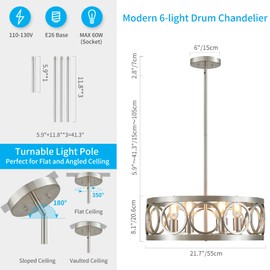 XINGQI 6-Light Modern Farmhouse Chandelier Brushed Nickel, 21.7'' Drum Ceiling Light Fixture for Living Dining Room Over Table with Round Metal Shade Pendant Lighting