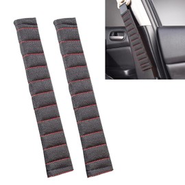 2PCS Juttzzei Seat Belt Pads, 10.6in/27cm Comfort Car Seat Belt Cover, Upgraded Linen Seat Belt Covers for Kids and Adults, Car Seat Strap Pads for Sedan SUV Trucks - Black with Red Stitching