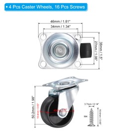 PATIKIL 1.5" Plate Swivel Caster Wheels, 4 Pcs Silent Fixed Plate Casters with M4 Screws Load Capacity 132Lbs for Furniture Cart Trolley, Black(1 with Brake, 1 Without Brake)