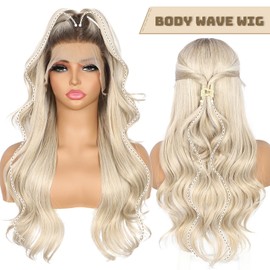 BABEHERS Blonde Lace Front Wig 13x4 Pre Plucked Synthetic Wig for Women Highlight 150% Density Natural Looking Body Wave with Dark Roots 22 Inch for Cosplay Daily Party Use