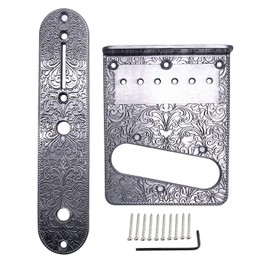 TUOREN 1 Set Telecaster Bridge Plate 3 Way Switch Control Plate Set with Carved Pattern Compatible with Fender Tele 6 String Electric Guitars Silver