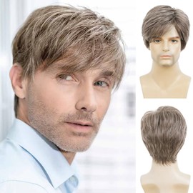 Kaneles Mens Short Grey Wig Layered Natural Synthetic Heat Resistant Hair Gray Cosplay Costume Daily Wigs for Male Guy