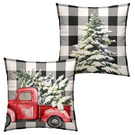 Wnoesat Christmas Buffalo Plaid Pillow Covers 18x18 Set of 2 Black and White Check Red Truck Xmas Tree Throw Pillow Cover Farmhouse Christmas Outdoor Pillow Cases Winter Holiday Decor for Home Couch