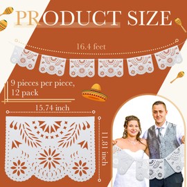 Tatuo 12 Pack 16.4 Feet Papel Picado Large Plastic Mexican Party Banners Fiesta Party Decorations Mexican Party Decorations Mexican Fiesta Hanging Banner Flags for Cinco De Mayo