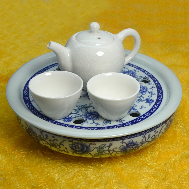 Porcelain Tea Tray, Double-Layer Ceramic Tray Circular for Tea Coffee