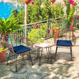 HAPPYGRILL 3 Piece Patio Bistro Set PE Rattan Wicker Armchairs and Coffee Table Set with Cushions for Garden Backyard Balcony Poolside