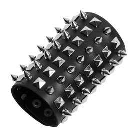 STWTR Unisex Black Metal Spike Studded Punk Rock Biker Wide Strap Leather Bracelet