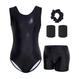 JiAmy Girls Gymnastics Leotards with Shorts & 2 Wristbands Ballet Dance Sparkly Gymnastic Outfit for Kids Navy Blue 9-10 Years