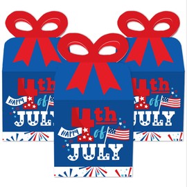 Big Dot of Happiness Firecracker 4th of July - Square Favor Gift Boxes - Red, White and Royal Blue Party Bow Boxes - Set of 12