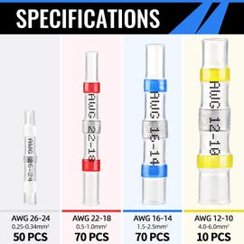 200PCS Solder Seal Wire Connectors - Sopoby Heat Shrink Solder Butt Connectors - Waterproof Solder Connector Kit Insulated Automotive Electrical Wire Terminals