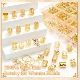 NAISKA 280PCS Gold Hair Jewelry for Braids Metal Loc Dreadlocks Accessories Braid Clips Rings Hair Cuffs Beads Multiple Adjustable Loc Jewelry Braids 