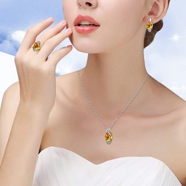 Uloveido Unique White Gold Plated Simulated Big Oval Yellow Topaz Diamond Necklace Rings and Clip on Earrings Set for friend (Platinum Plated, Yellow Stone, Size 9) Y183