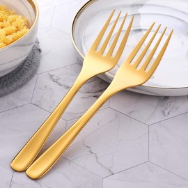 Bisda Buffet Serving Forks, Stainless Steel 10 Inch Gold Plated Server Meat Fork Set of 2, Large Salad Serverware Utensils, Dishwasher Safe