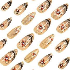 Flower Press on Nails Long Almond False Nails French Tip False Nails Gold Glitter Black Line Gradient Design Glossy Reusable Glue on Nail Decoration Salon Manicure Accessories for Women 24Pcs