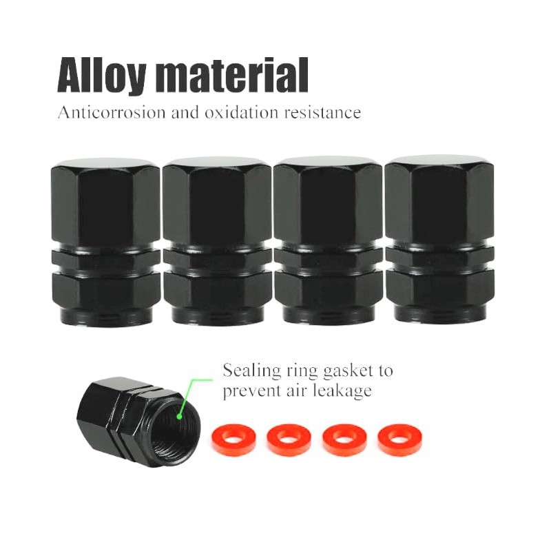 Black Hex Aluminum Tire Valve Stem Caps - 4 Pack