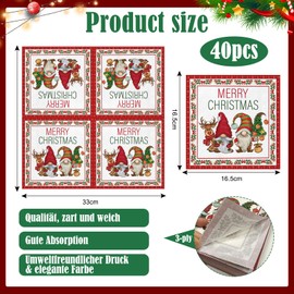 Wentsent Napkins Christmas Red, Pack of 40 Christmas Napkins with Gnome Christmas Tree Reindeer Motif 3-Ply Christmas Napkins Table Decoration for Winter New Year's Eve Holiday Napkin Technique