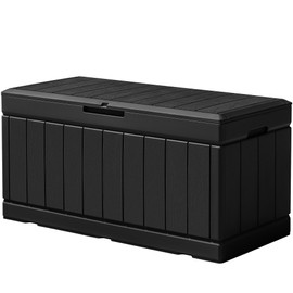 Flamaker Outdoor Storage Box 85 Gallon Resin Waterproof Deck Box Delivery Box with Wood Texture Large Storage Bin for Patio Cushions (Black)