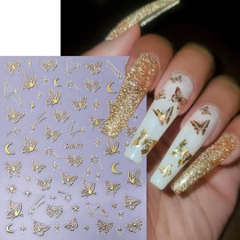 Butterfly Star Nail Stickers for Nail Art 8Sheets 3D Self-Adhesive Gold Silver Laser Butterfly and Star Nails Design Nails Art Stickers for Women and Girls Holiday Acrylic Nail Decoration