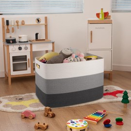 OIAHOMY 108L Super Large Blanket Basket, 25”x16”x16” Rectangle Woven Baskets for Storage, Cotton Rope Basket For Living Room, Toy Storage with Handle- Gradient Dark Grey