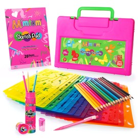 Mimtom Drawing Stencil Kit for Kids, 60 PC Art Set with 370+ Shapes, Sketch Pad, and Colored Pencils for DIY Arts and Crafts for Boys and Girls, Draw with Letter, Animal and Car Stencils, Pink