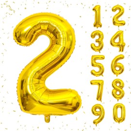 32 In Gold Large Numbers Balloons 0-9, Self Inflating Number 2 Balloons for Boys Girls, Big Gold Digit 2 Balloons for Women Men Birthday Party Anniversary Wedding Supplies Decorations