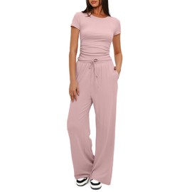 Darong Women's Short Sleeve Ruched Tee and Wide Leg Pant 2 Piece Tracksuit Sleep Pajama Set 9042A Dark Pink XL