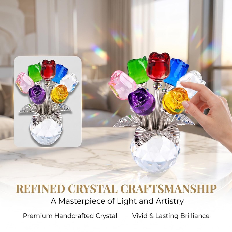 Elovara 3D Handmade Crystal Rose Ornament with Base,Glass Flowers