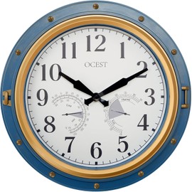 OCEST 16 Inch Indoor Outdoor Clock, Waterproof Wall Clock with Thermometer Hygrometer, Silent Non-Ticking Battery Operated Decor for Home Decor, Patio(Blue)
