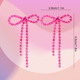 Heclia Pink Rhinestone Bow Earrings for Women, Dangling Bowknot Earrings, Sparkly Wedding Prom Jewelry, Hot Pink Drop & Dangle Earings, Gift for Wife Bridesmaids