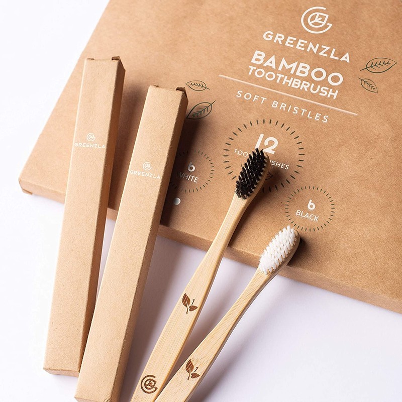 Greenzla Bamboo Toothbrushes for Adults – 12 Pack Wooden Toothbrush