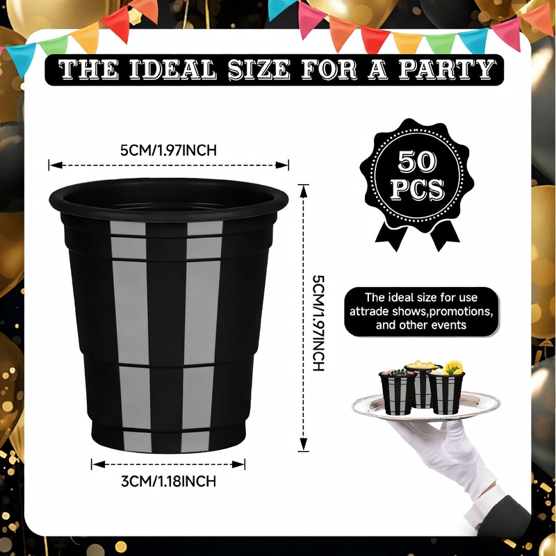 50 Pack 2oz Black Plastic Shot Glasses - Graduation Party