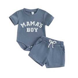 MERSARIPHY Newborn Baby Boy Summer Clothes Mama's Boy Little Dude Short Sleeve Romper Shorts Set Infant Waffle Knit Outfit (Blue-mama's boy, 6-12 Months)