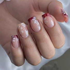 Square Press on Nails Short Fake Nails Red French Tip False Nails with Cute Flower Design Stick on Nails Spring Acrylic Nails Glossy Full Cover Stick on Nails for Women Manicure 24Pcs