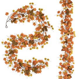 MARTINE MALL 2 Pack Fall Maple Leaves Garland, 6.5ft/Piece Artificial Fall Garland Hanging Maple Leaves Vine Thanksgiving Garland for Thanksgiving Home Fireplace Party Wall Decor