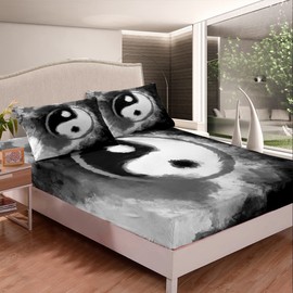 Yin Yang Sheet Set Kids Boho Trippy Sheets with Deep Pocket Fitted Sheet for Boys Girls Tradition Pattern Bed Sheets Set Breathable Psychedelic Peace Sign Bedding Set Ink Art Bed Set Double