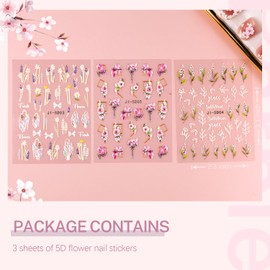 5D Flower Nail Stickers for Nail Art, 3 Sheets Embossed Nail Decals Self Adhesive Nail Art Stickers, Pink White Floral Leaf Cherry Blossom Nail Decorations Accessories for Women Girls Spring Summer