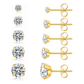 Gold Stud Earrings Set for Women & Men, 20G Hypoallergenic 14K Gold-Plated Stainless Steel, Birthstone Cubic Zirconia, Surgical Steel Cartilage Earrings for Sensitive Ears, 5-Pair Set