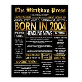 Stuff4 Gold 21st Birthday Poster Unframed - Golden Born In 2004 Newspaper - Happy 21 Birthday for Men Women Retro Vintage Gifts Back In 2004, 8x10 Inch Bday Party Decor Decoration