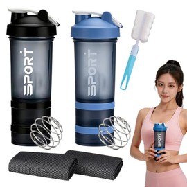 2pcs 650ML Botella para Proteina de Coctelera,con 4 Caja,1 Cepillo para Tazas y 2 Toalla,Shaker Proteina,Mezcladoras de Malteadas de Suplemento,Vaso  