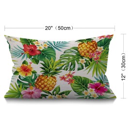 BGBDEIA Leaf Cushion Cover 12x20 Inch Hawaiian Pineapples Tropical Palm Leaves Flowers Rectangle Pillow Cases Home Decorative Cotton Linen Throw Pillow Cover for Bed Sofa Green Yellow Pink 30x50 cm