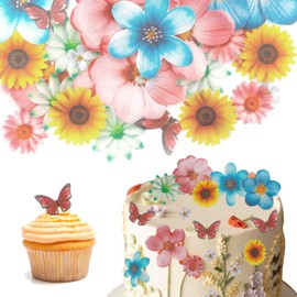 55Pcs Edible Flowers Cupcake Toppers, Wafer Paper Cupcake Decorations for Wedding, Birthday, Baby Shower Party (Mixed Colors & Sizes)