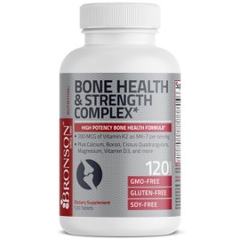 Bronson Bone Health & Strength Complex* High Potency Formula 200 MCG of Vitamin K2 as MK7, Plus Calcium, Boron, Cissus Quadrangularis, Magnesium, Vitamin D3, and More - Non-GMO, 120 Tablets