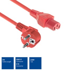 ACT Warming Device Cable CEE7/7 to C15, 2 m Power Cord CEE 7/7 (Angled Protective Contact) Power Cable to C15 Warming Device Socket, Power Cable Red - AK5315
