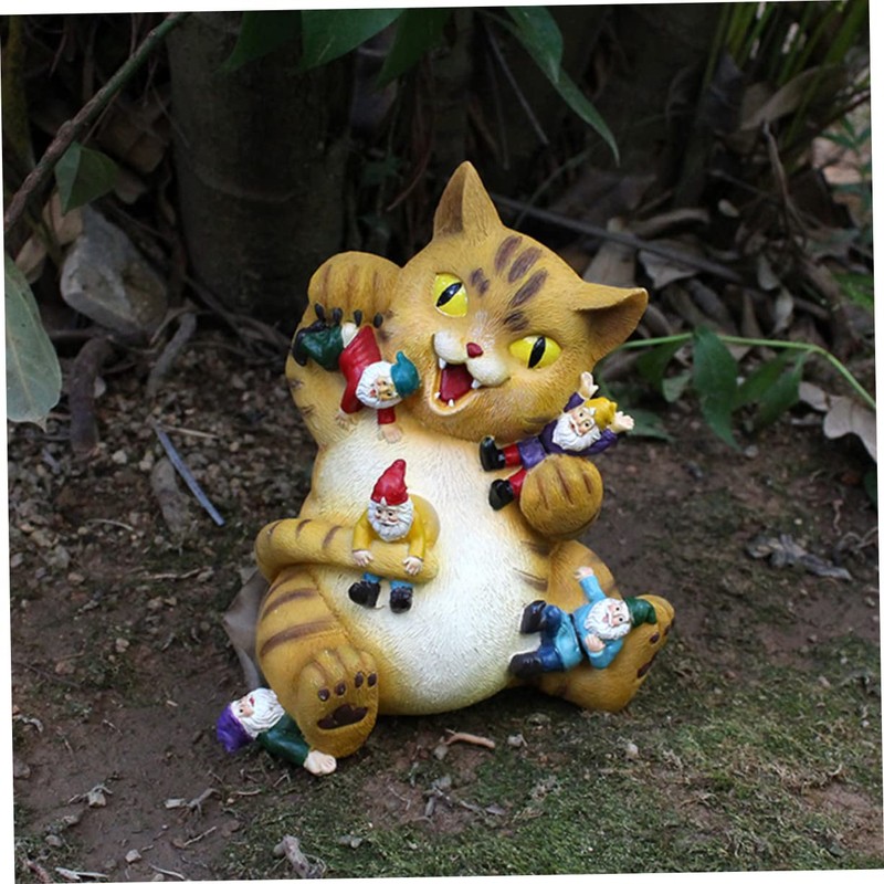 BESPORTBLE Resin Cat Eating Gnomes Statue Unique Cat Figurine for