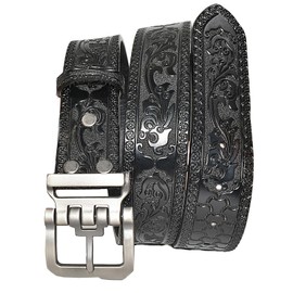 PACDE Western-Retro-Cowboy-Gürtel, echtes Leder, Rindsleder, Jeans, Blumenprägung, Herrengürtel, 4011zk Schwarz, 120 cm