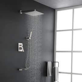SHAMANDA Shower System with Waterfall Tub Spout and Handheld Shower Head, 12" Rain Shower Faucet Sets Complete with Shower Round-in Valve and Trim Wall Mount, Brushed Nickel, L101-2