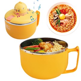 LUPATDY Ramen Bowl with Lid, Instant Noodle Bowl 1200 ml, Portable Stainless Steel Pasta Bowl with Timer and Ventilation Hole, Bowl for Pasta, Bento Lunch (Chicks)