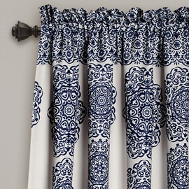 Lush Decor Stripe Medallion Curtains Fabric Mandala Bohemian Damask Print Room Darkening Window Panel Set for Living, Dining, Bedroom (Pair), 84 in x 52 in (L x W), Navy